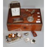 19th century mahogany and brass writing box, the interior revealing assorted items including: