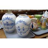 Two trays of china to include: a pair of Delft blue and white hand painted Lucia ware vases with