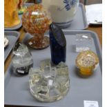 Tray of glassware to include: Murano style pedestal pot, various paperweights; Caithness '