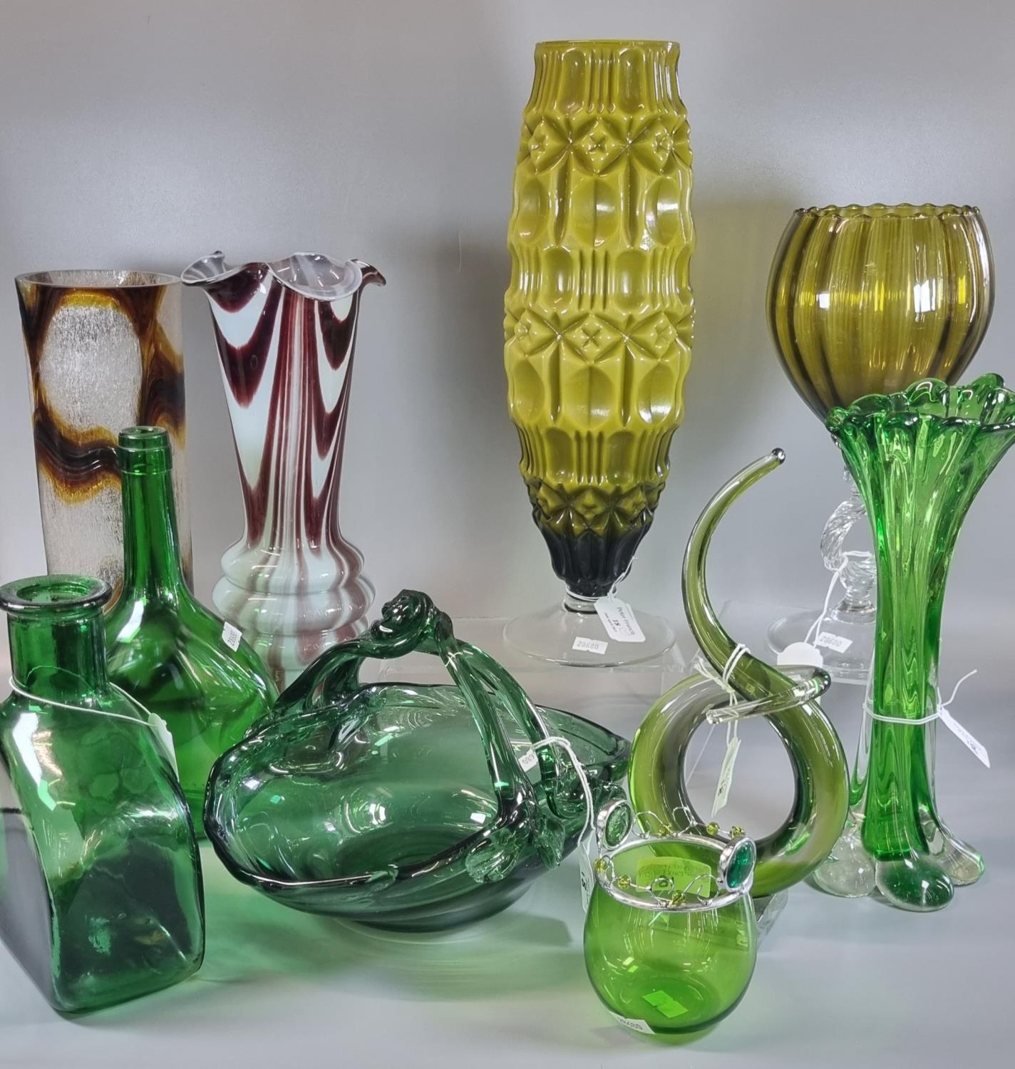 Collection of Mid-Century and other Art glass items to include: green glass flasks, marble finish