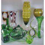 Collection of Mid-Century and other Art glass items to include: green glass flasks, marble finish