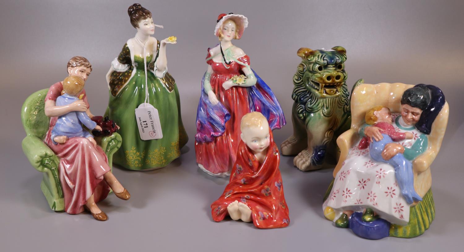 Five Royal Doulton bone china figurines to include: 'Sweet Dreams', 'When I was Young', 'The