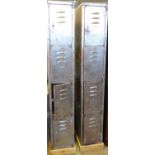 Pair of vintage industrial metal four door gym lockers on wooden pine stands. (2) (B.P. 21% + VAT)