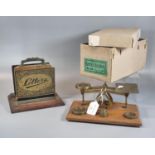 Vintage letter or postal balance scales and weights in original box, together with brass and