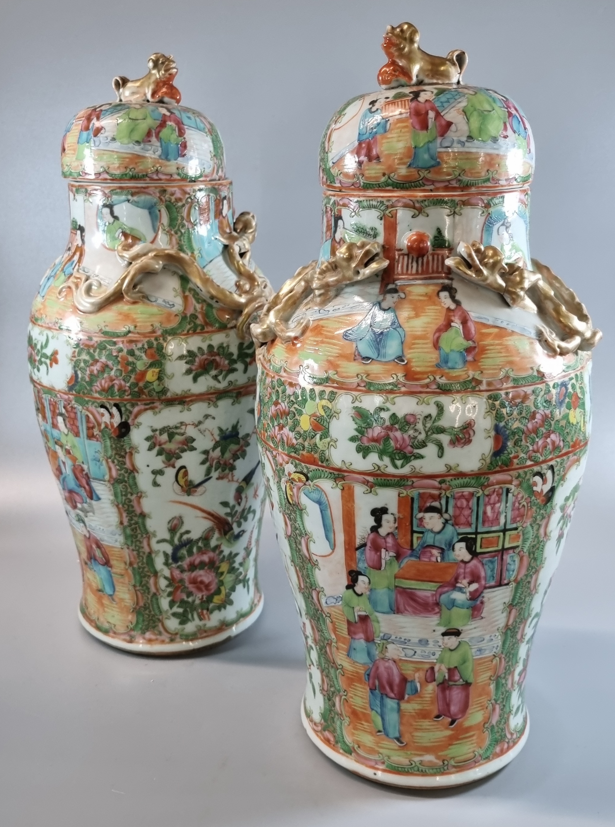 Pair of Canton famille rose baluster vases and covers, decorated all over with panels of figures - Image 6 of 8