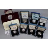 Collection of silver proof coins, to include: various £1 coins 1984, '85, '89, '90 and '91,