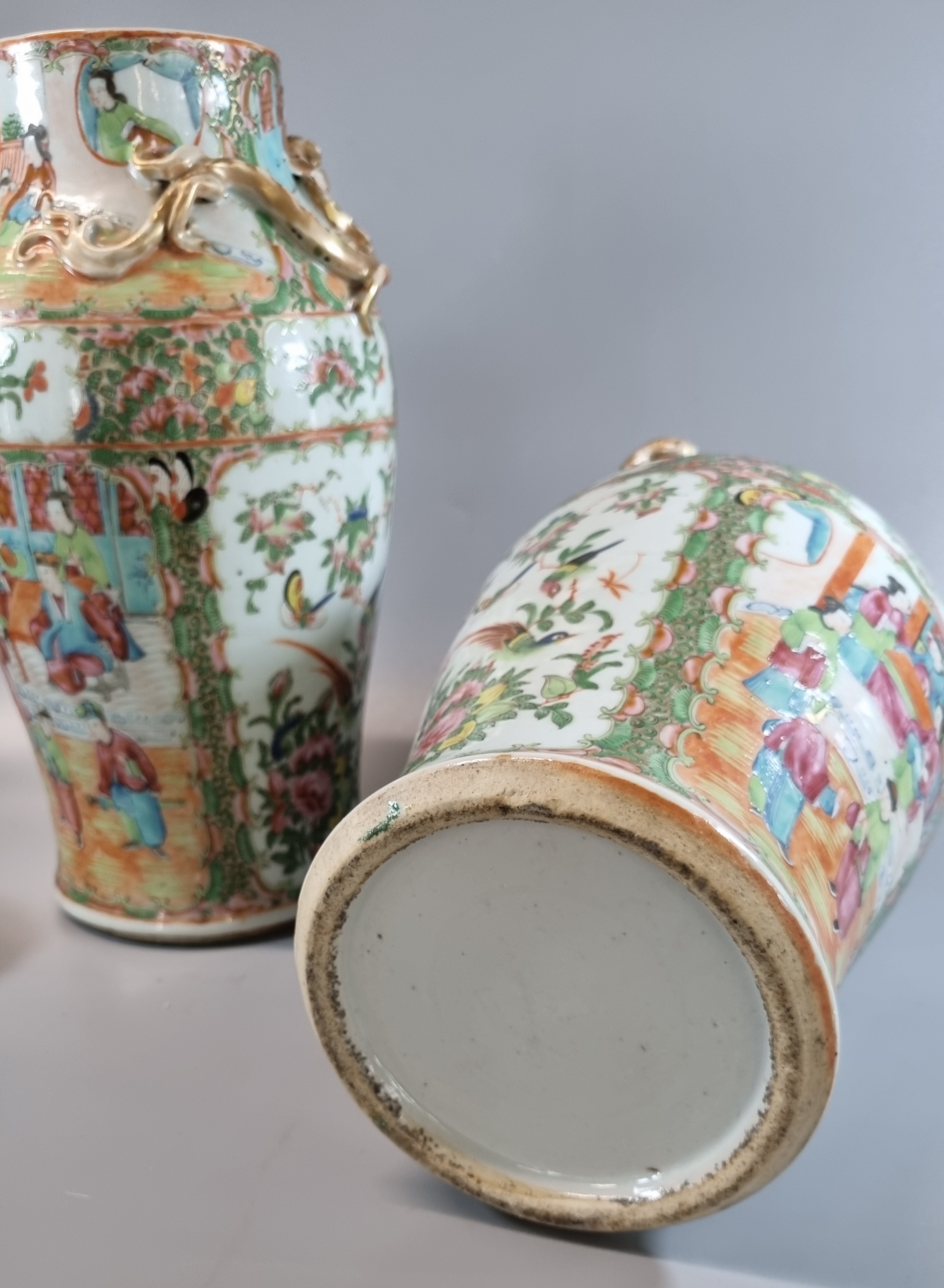 Pair of Canton famille rose baluster vases and covers, decorated all over with panels of figures - Image 2 of 8