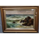 Joel Owen, rocky coastal study with crashing surf and distant sailing vessels, signed dated 1928.