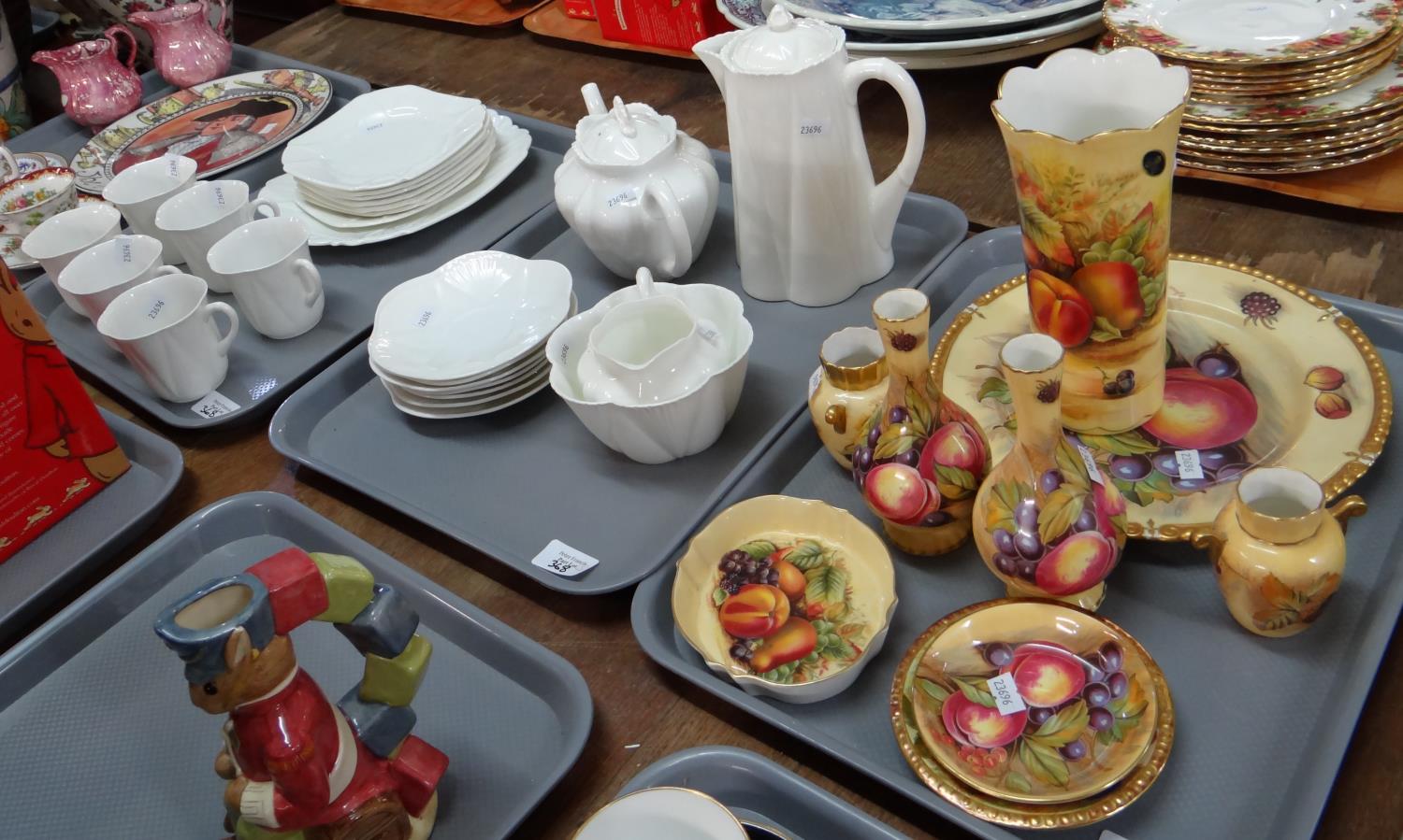 Three trays of china to include; a tray of Aynsley 'Orchard Gold' design items; pin trays, vases,
