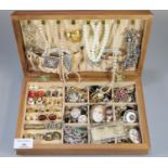 Wooden jewellery box to include vintage and other jewellery; necklaces, cufflinks, cameo brooch,