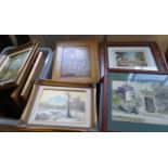 Three boxes of assorted furnishing pictures, prints etc, various to include landscape, topographical