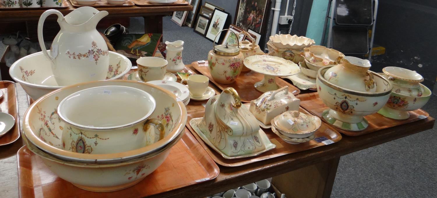 Eight trays of blush ivory floral design items; Crown Devon Fieldings and other; jug and basin