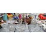 Three trays of glassware to include: lemonade jugs, various other jugs, decanters with stoppers,