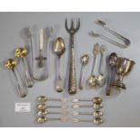 Bag of assorted silver items, to include: spoons, sugar nips, egg cup etc. 6 troy oz approx. (B.P.