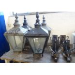 Four Victorian style lanterns with glass panels of large proportions together with four mounting/