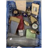 Box of oddments, to include: shagreen finish cigarette case, pewter measure marked Just a Thimble