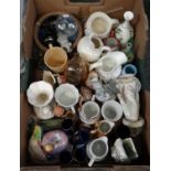 Box of mixed items to include: dresser jugs, various vases, Sylvac cherub vases, pink lady lidded