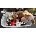 Plastic box of assorted soft toys, to include: Out of Africa gorilla, Simply Soft collection dog,