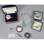 Collection of silver jewellery to include: pendent, brooches, ring, watch key etc. (B.P. 21% + VAT)