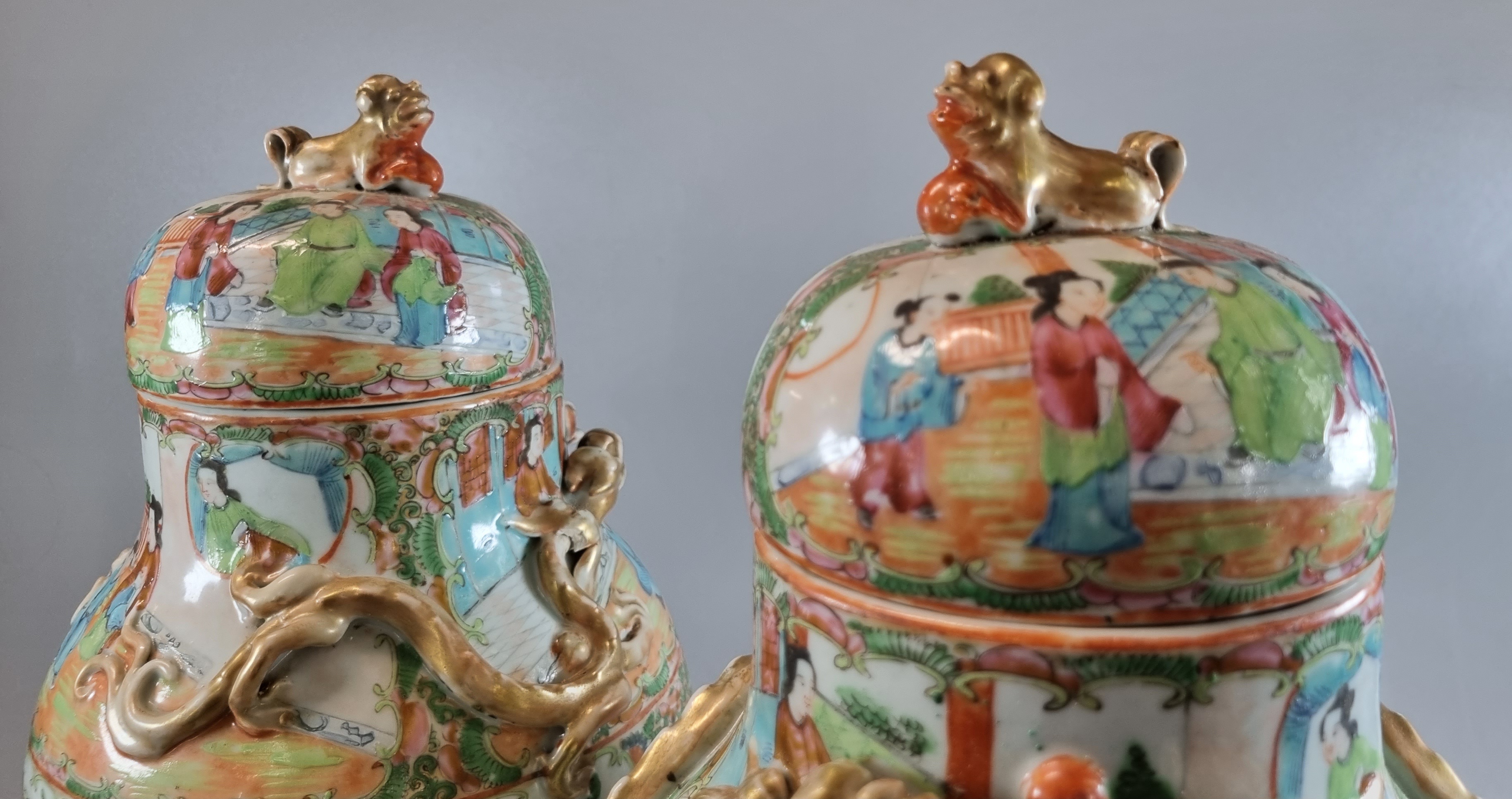 Pair of Canton famille rose baluster vases and covers, decorated all over with panels of figures - Image 5 of 8