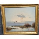 G V D Velde, waterfowl alighting on a lake, signed, oils on canvas. 51x60cm approx. Framed. (B.P.