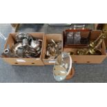 Three boxes of mostly metalware to include: various loose cutlery, pewter tankards, plated teapot