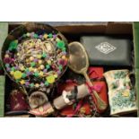 Large box of items, to include: silver plated fruit bowl comprising vintage and other jewellery,