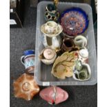Box of china and glassware to include: carnival glass bowls and a moulded glass trinket tray, Maling