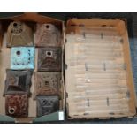 Box of clear glass oil lamp chimneys; some marked with 'Fort Brand, best fireproof Prussian