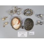 Silver and marcasite brooch, a shell cameo brooch, a pair of simulated pearl earrings with 9ct