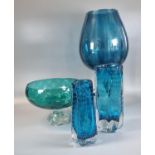 Collection of mid Century blue Art glass to include: two similar Murano design vases, fruit bowl and