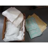 Box of textiles to include: damask tablecloths and napkins in various colours. (B.P. 21% + VAT)