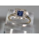 18ct gold Art Deco design diamond and sapphire ring. 2.8g approx. Ring size O+1/2 approx. (B.P.