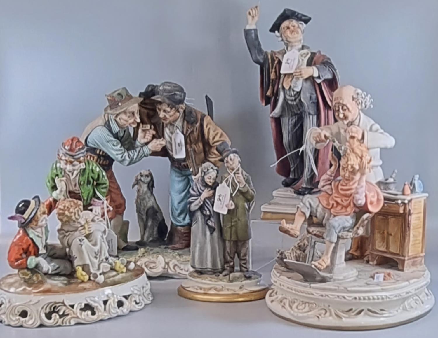 Collection of Capodimonte figure groups to include: old lady and gent, two gentlemen with rifles and