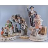 Collection of Capodimonte figure groups to include: old lady and gent, two gentlemen with rifles and