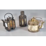 Mixed lot of pewter and yellow metal bone teapots, pewter pots with back painted glass panels and