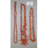 Three coral necklaces. (B.P. 21% + VAT)