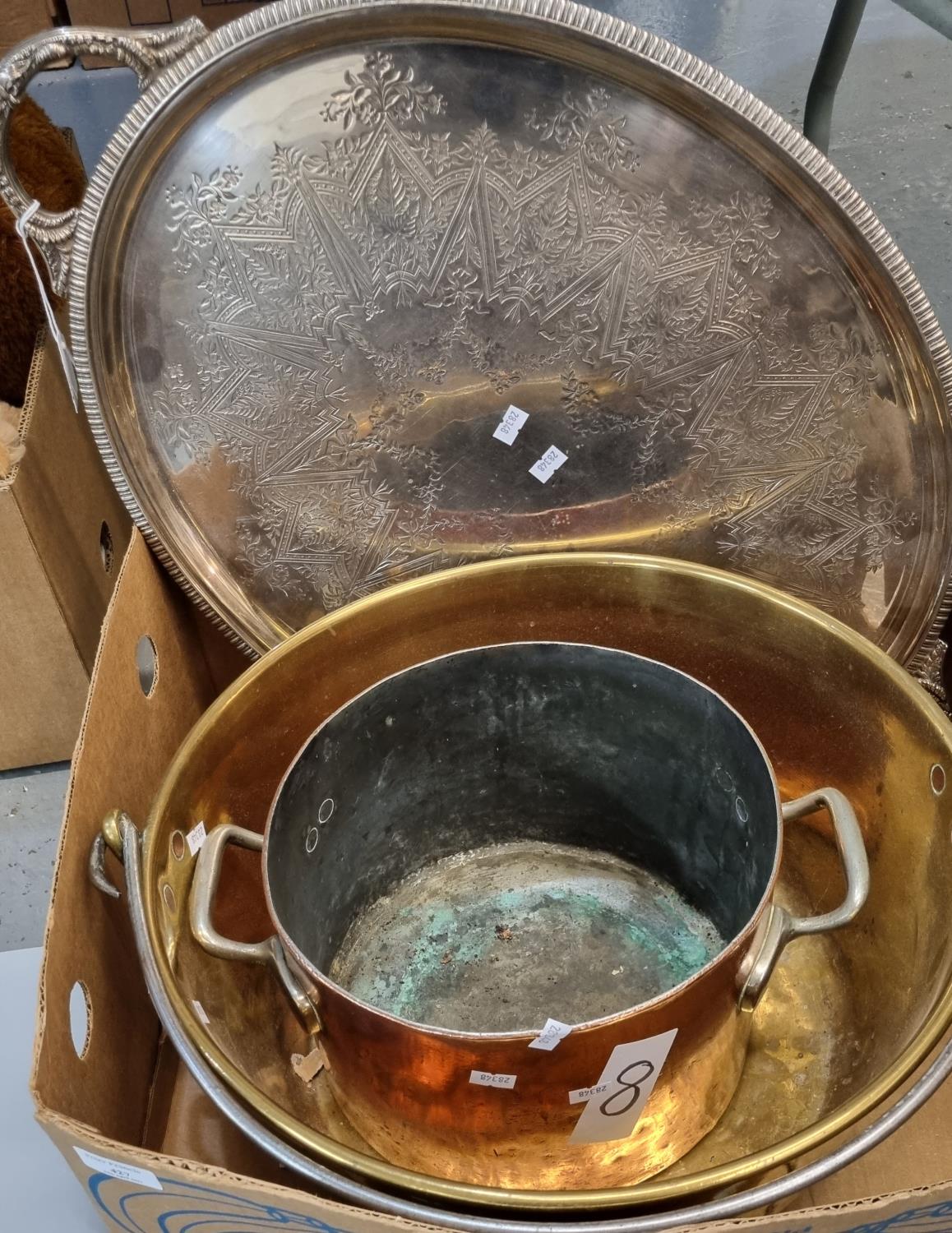 19th century copper two handled pan together with a large brass jam/preserving pan with swing handle