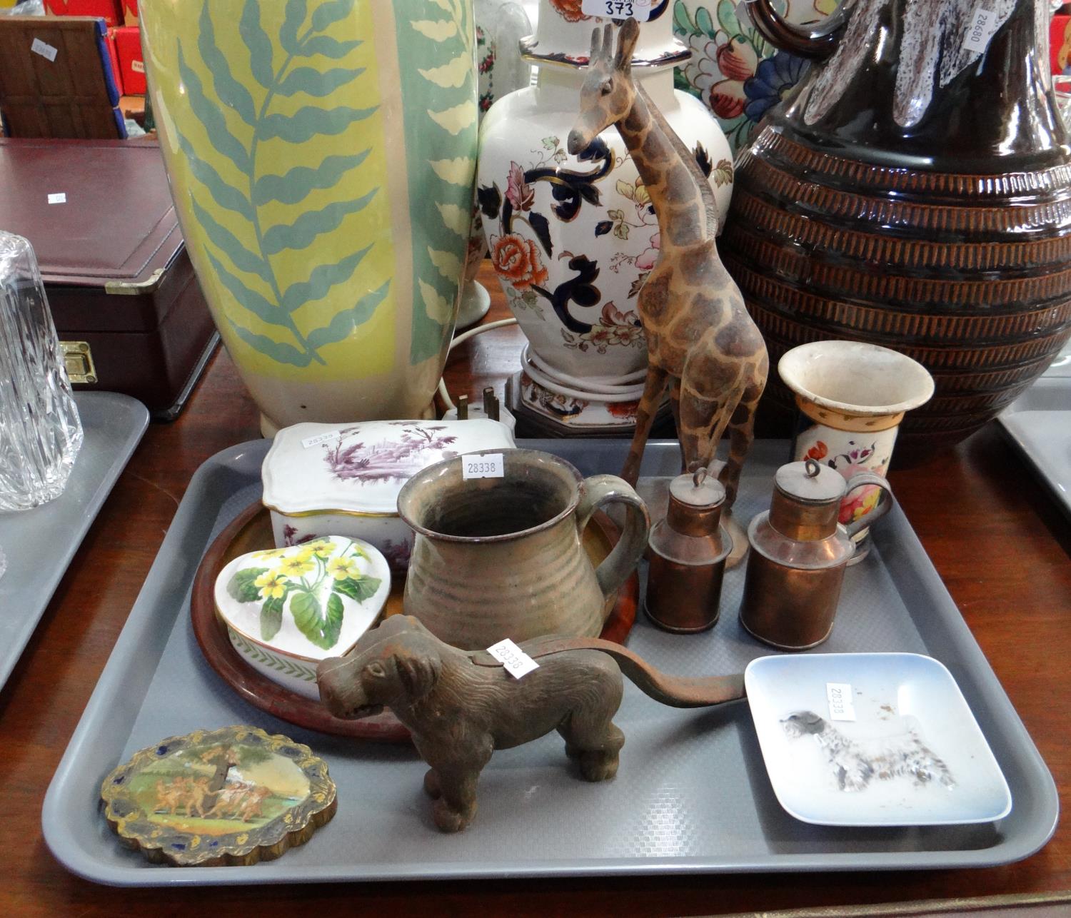 Tray of assorted items to include; cast metal dog shaped nutcracker, Spode 'Country Lane' design