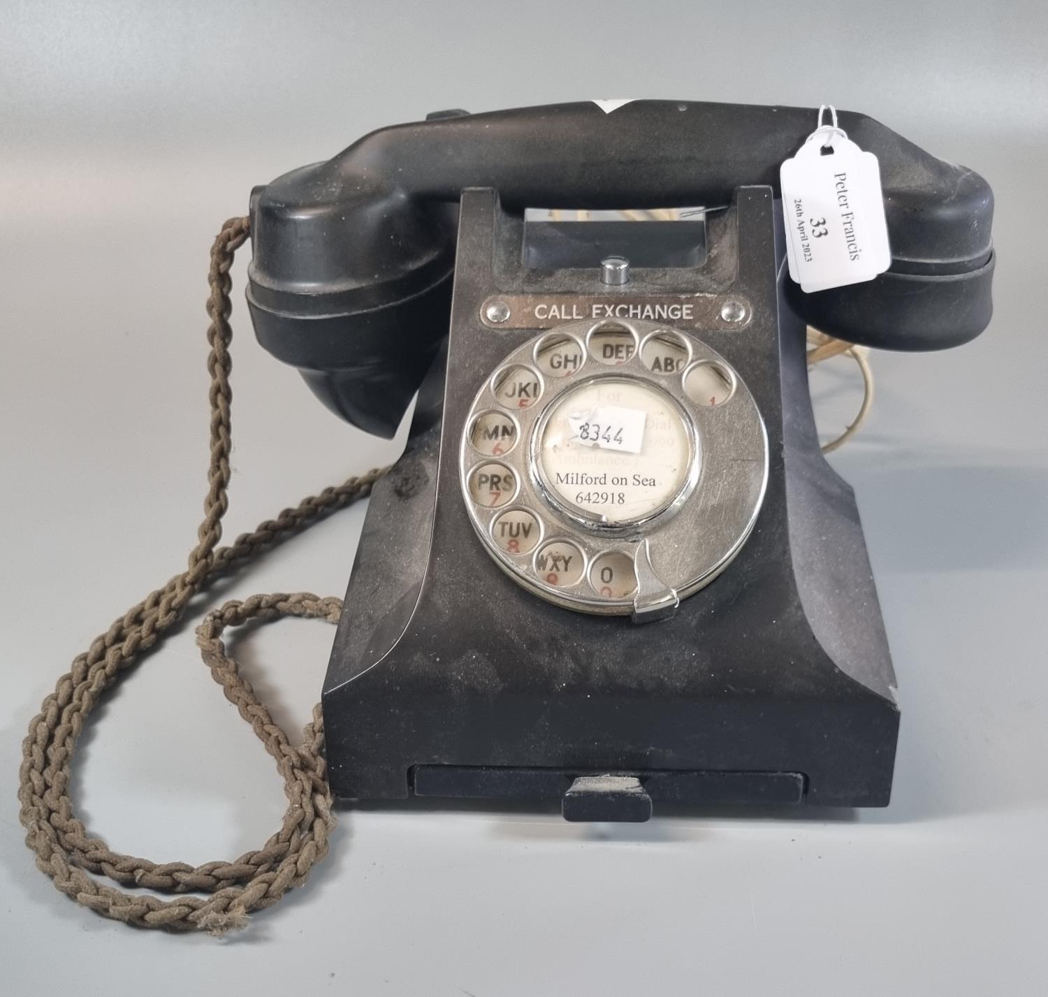 Vintage bakelite telephone, the dial marked 'Milford on Sea'. (B.P. 21% + VAT)