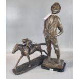Composition bronzed modern study of a horse and jockey, together with a white metal figure of a