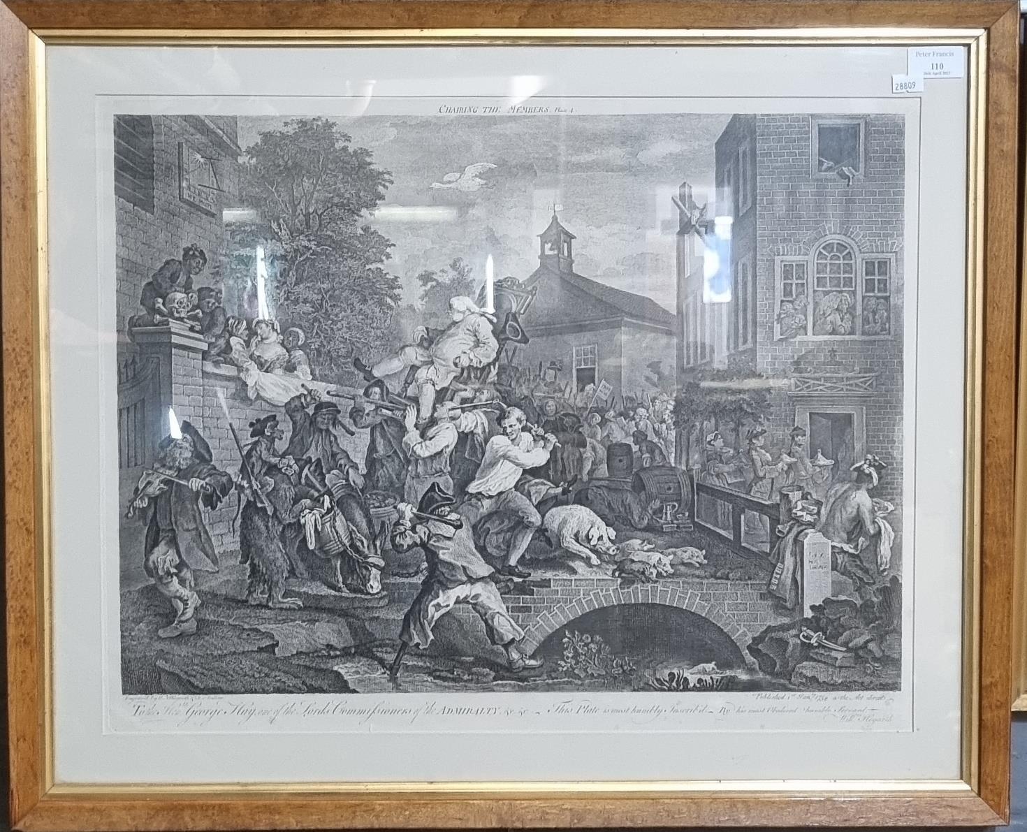 William Hogarth 'Chairing the Members', uncoloured engraving. 40x54cm approx. Framed and glazed. (