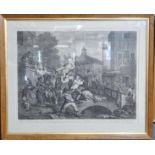 William Hogarth 'Chairing the Members', uncoloured engraving. 40x54cm approx. Framed and glazed. (