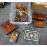 Box of treen and other items to include: two wooden tea caddies; one with inlaid shell design, a