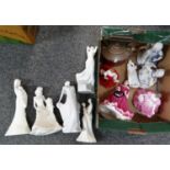 Box of mostly china figurines to include: two Royal Worcester Moments figurines 'Mother's Love'