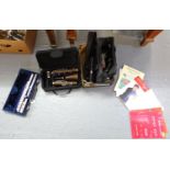 Box of musical items to include: two cased clarinets; one Lindo and one Boosey & Hawkes B&H400, an