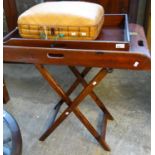 19th century mahogany butler's folding tray on stand together with a vintage bamboo suitcase. (2) (