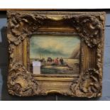 After the Antique, figures on a beach, coloured furnishing print in heavy gilt frame. 19x24cm