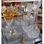 Tray of assorted glassware: two cut glass decanters one with a white metal label reading Brandy,