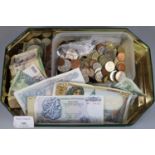 Tin box comprising assorted GB and Foreign coinage, Foreign banknotes including: Singapore, South